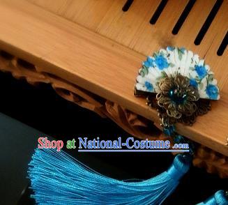 Chinese Traditional Ancient Hair Accessories Hanfu Hairpins Blue Tassel Hair Stick Headwear for Women