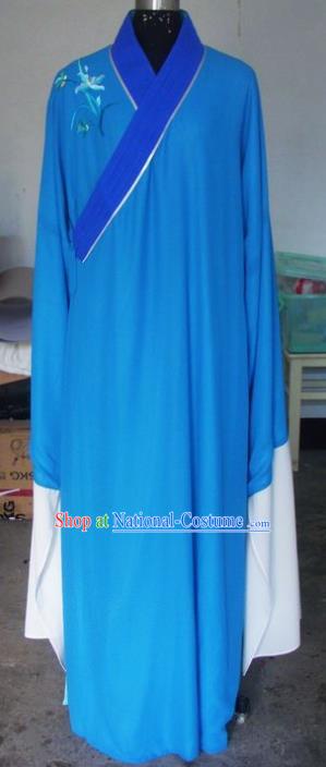 Chinese Traditional Beijing Opera Scholar Costumes Niche Embroidered Orchid Blue Robe for Adults