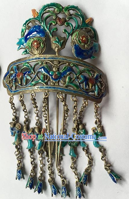 Chinese Traditional Ancient Blueing Carving Tassel Hair Clip Hanfu Hairpins Hair Accessories for Women