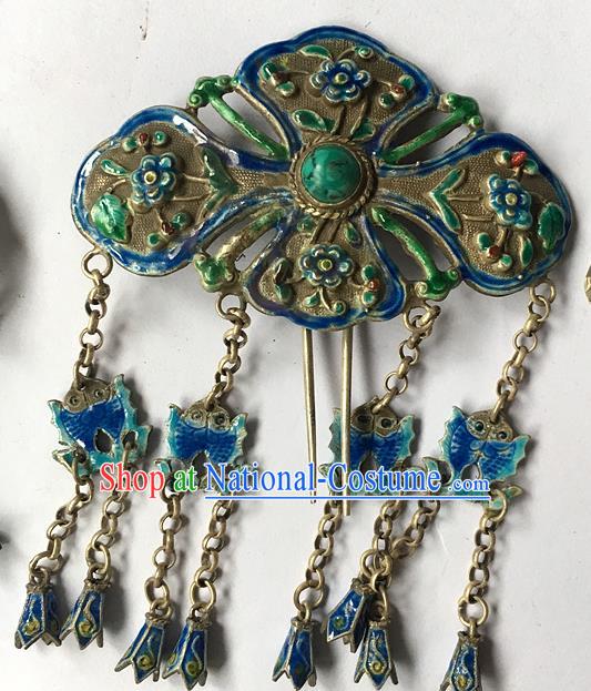 Chinese Traditional Ancient Blueing Butterfly Tassel Hair Clip Hanfu Hairpins Hair Accessories for Women