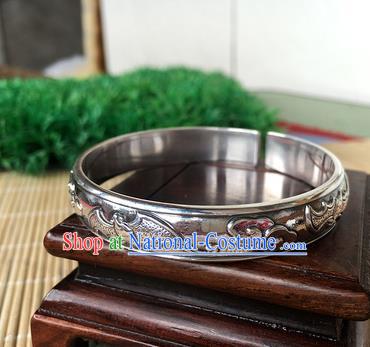 Handmade Chinese Miao Nationality Sliver Bracelet Traditional Hmong Carving Bat Bangle for Women