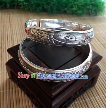 Handmade Chinese Miao Nationality Sliver Bracelet Traditional Hmong Carving Lotus Bangle for Women