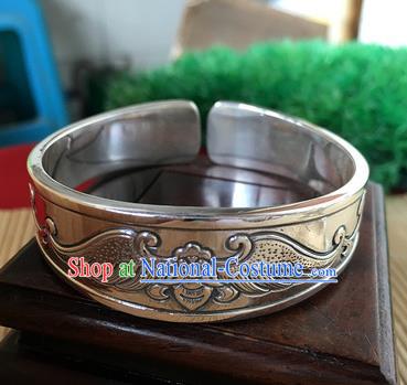 Handmade Chinese Miao Nationality Carving Bat Sliver Bracelet Traditional Hmong Bangle for Women