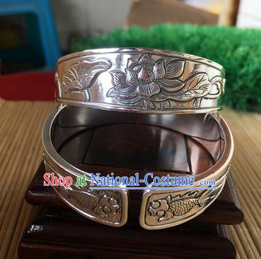 Handmade Chinese Miao Nationality Carving Lotus Fishes Sliver Bracelet Traditional Hmong Bangle for Women