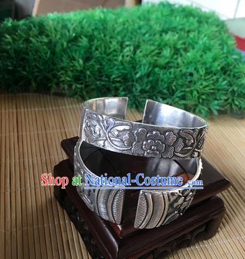 Handmade Chinese Miao Nationality Carving Peony Sliver Bracelet Traditional Hmong Bangle for Women