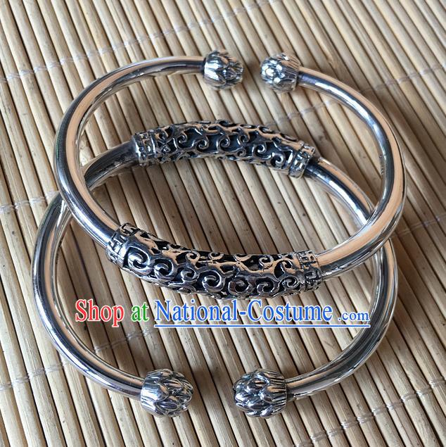 Handmade Chinese Miao Nationality Sliver Bracelet Traditional Hmong Bangle for Women