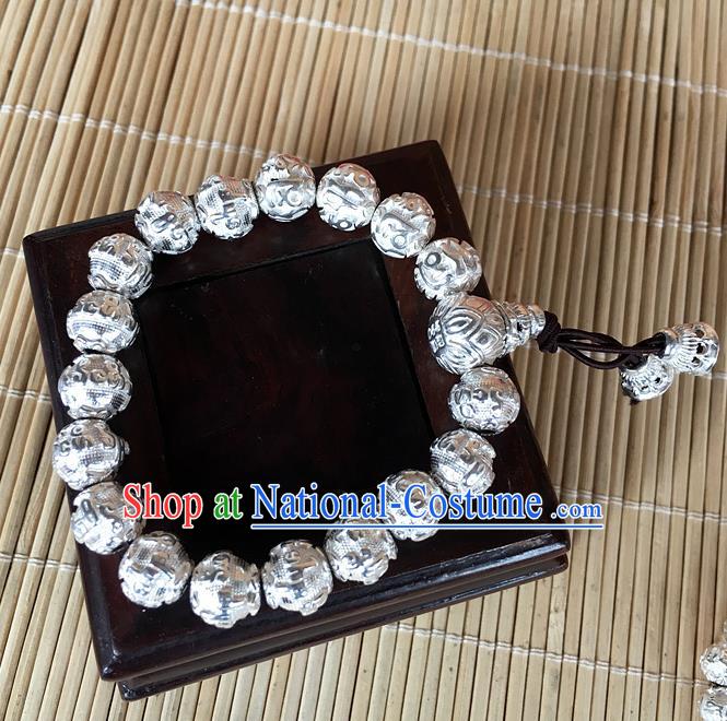 Handmade Chinese Miao Nationality Buddha Beads Sliver Bracelet Traditional Hmong Bangle for Women