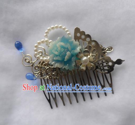 Chinese Traditional Hair Accessories Ancient Bride Hairpins Blue Peony Hair Comb for Women