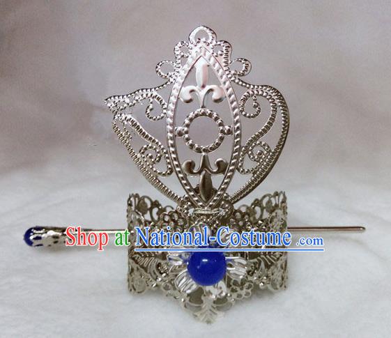 Chinese Traditional Ancient Prince Blue Bead Hairdo Crown Hair Accessories Swordsman Hairpins for Men