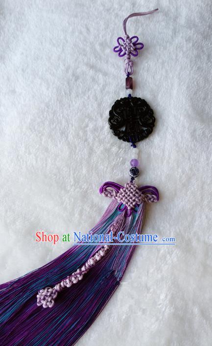 Handmade Chinese Ancient Jade Pendant Purple Tassel Waist Accessories for Women