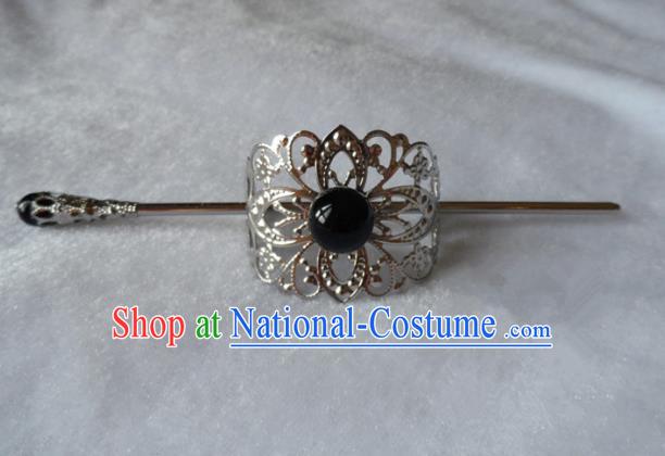 Chinese Traditional Ancient Handmade Black Bead Hairdo Crown Hair Accessories Swordsman Hairpins for Men