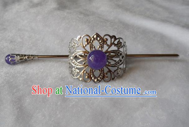 Chinese Traditional Ancient Handmade Purple Bead Hairdo Crown Hair Accessories Swordsman Hairpins for Men