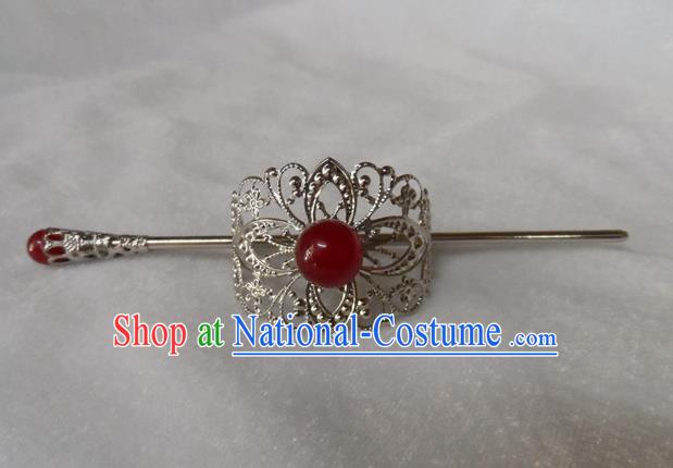 Chinese Traditional Ancient Handmade Red Bead Hairdo Crown Hair Accessories Swordsman Hairpins for Men