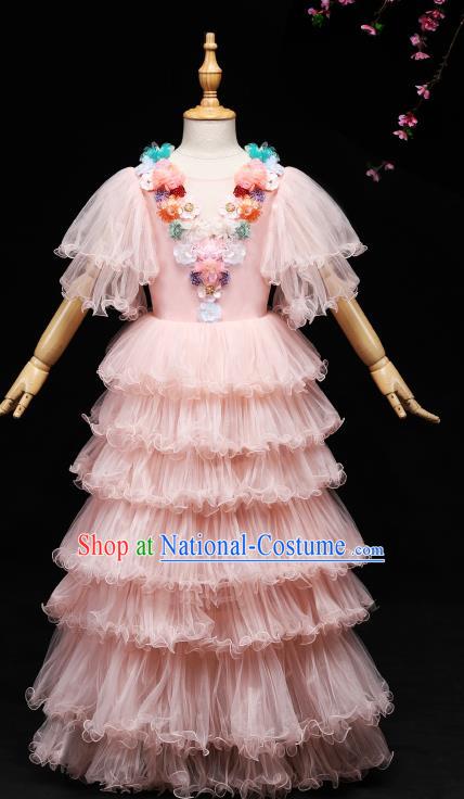 Children Modern Dance Costume Stage Piano Performance Pink Veil Dress for Kids