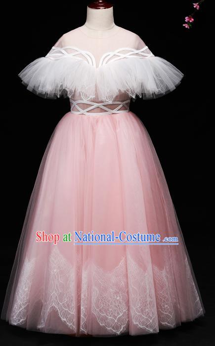 Children Modern Dance Costume Compere Full Dress Stage Piano Performance Pink Veil Dress for Kids