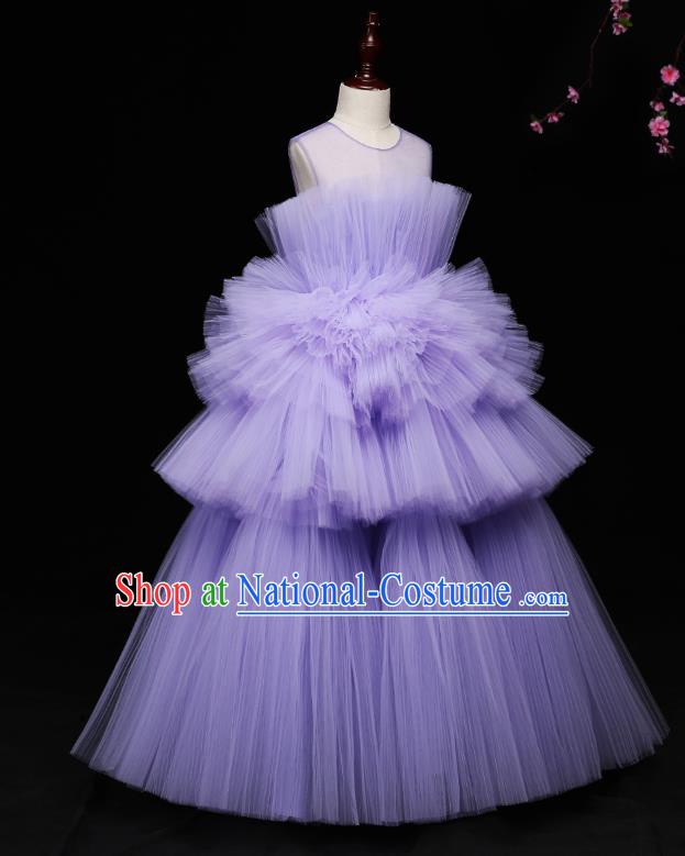 Children Modern Dance Costume Compere Full Dress Stage Piano Performance Purple Veil Bubble Dress for Kids