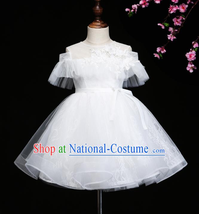 Children Modern Dance Costume Compere White Bubble Full Dress Stage Piano Performance Dress for Kids