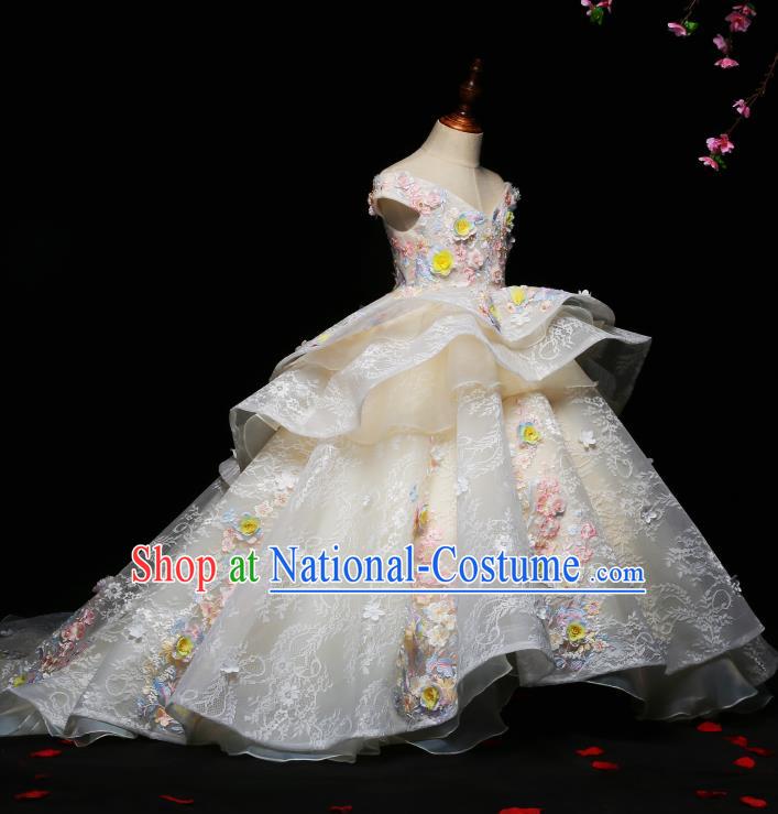 Children Modern Dance Costume Compere Trailing Full Dress Stage Piano Performance Princess Dress for Kids