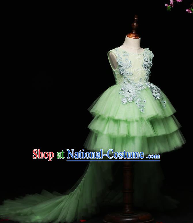 Children Modern Dance Costume Compere Trailing Full Dress Stage Piano Performance Green Veil Dress for Kids