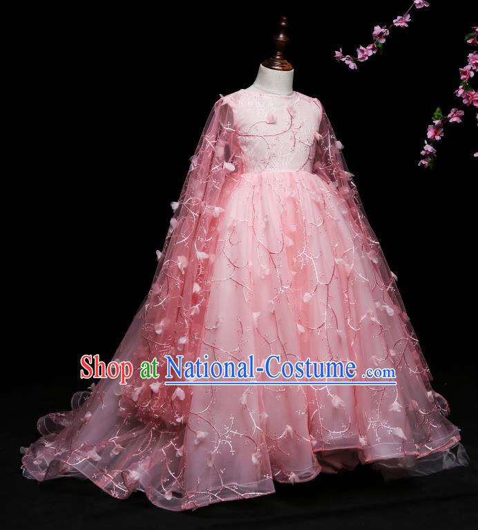 Children Modern Dance Costume Compere Pink Full Dress Stage Piano Performance Princess Dress for Kids