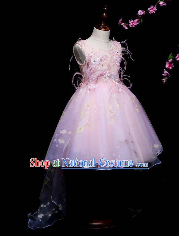 Children Modern Dance Costume Compere Pink Veil Trailing Full Dress Stage Piano Performance Princess Dress for Kids