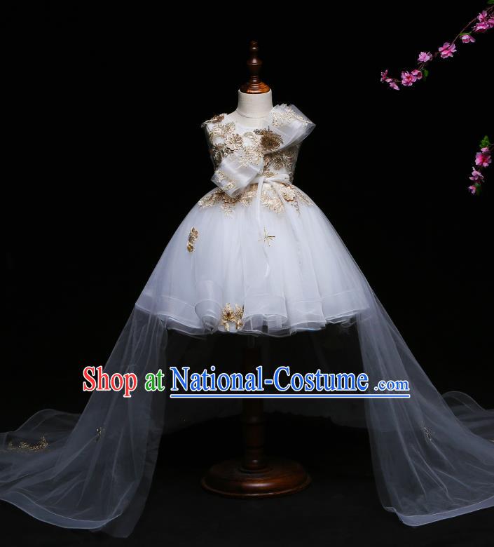 Children Modern Dance Costume Compere White Veil Trailing Full Dress Stage Piano Performance Princess Dress for Kids