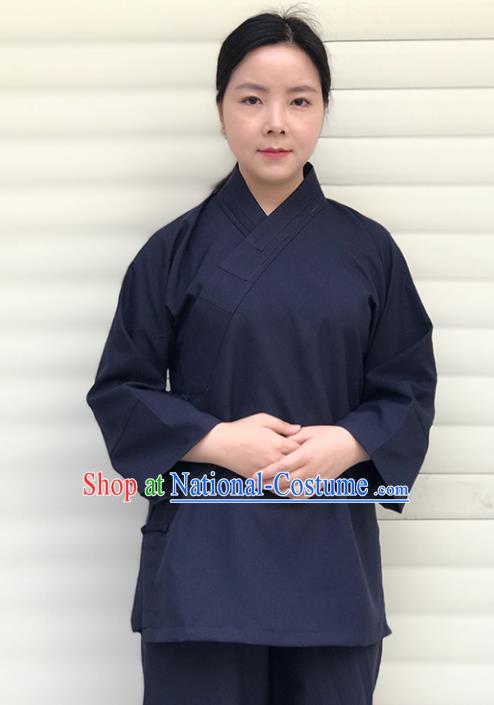 Chinese Traditional Martial Arts Taoist Nun Costumes Tai Chi Kung Fu Navy Shirt for Women