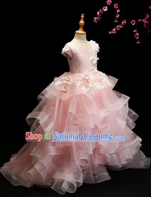 Children Modern Dance Costume Compere Pink Bubble Full Dress Stage Piano Performance Princess Dress for Kids