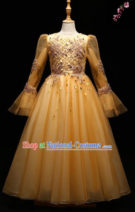 Children Modern Dance Costume Compere Full Dress Stage Piano Performance Princess Yellow Veil Dress for Kids