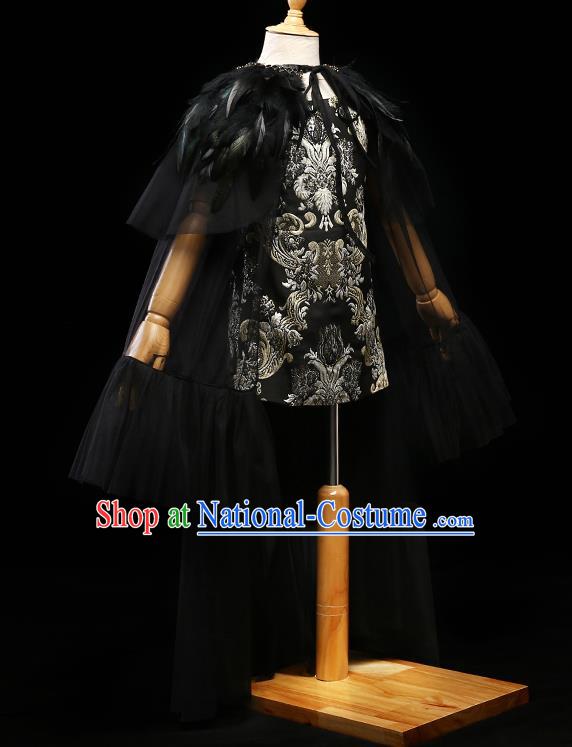 Children Modern Dance Costume Compere Full Dress Stage Piano Performance Princess Black Veil Dress for Kids