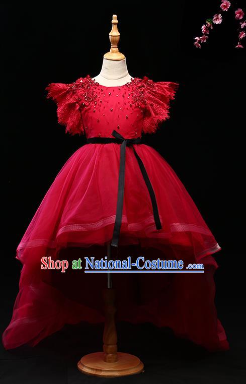 Children Modern Dance Costume Compere Trailing Full Dress Stage Piano Performance Princess Red Veil Dress for Kids