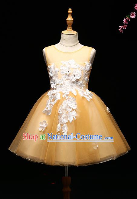 Children Modern Dance Costume Compere Full Dress Stage Piano Performance Princess Yellow Veil Dress for Kids