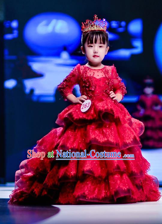 Children Modern Dance Costume Compere Full Dress Stage Piano Performance Princess Red Trailing Dress for Kids