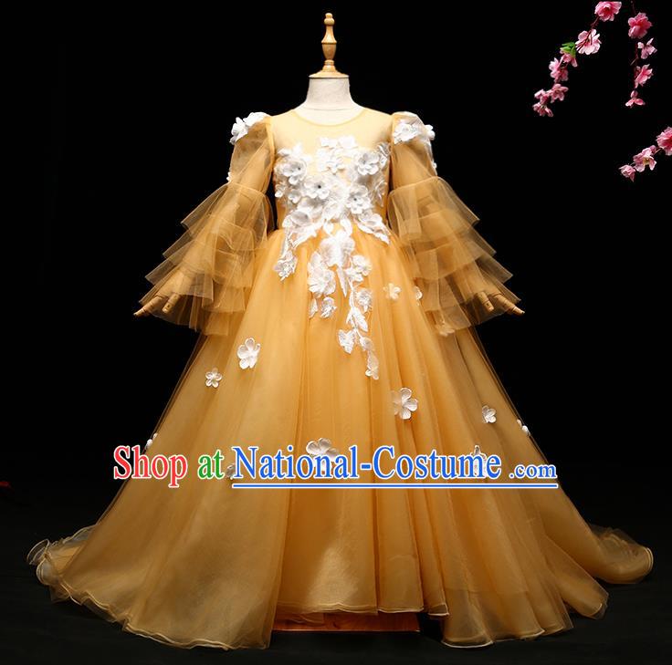 Children Modern Dance Costume Compere Full Dress Stage Piano Performance Princess Yellow Trailing Dress for Kids