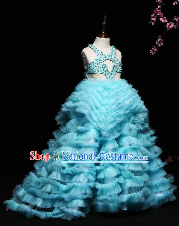 Children Modern Dance Costume Compere Blue Trailing Full Dress Stage Piano Performance Princess Dress for Kids