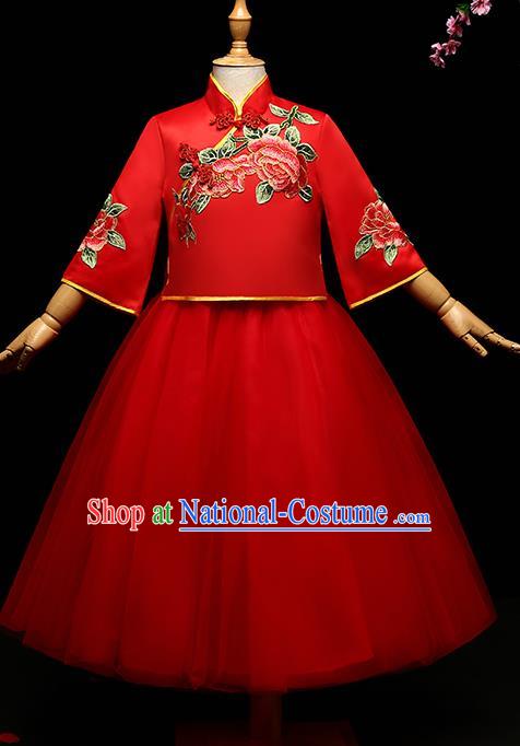 Children Modern Dance Costume Compere Full Dress Stage Performance Chorus Red Dress for Kids