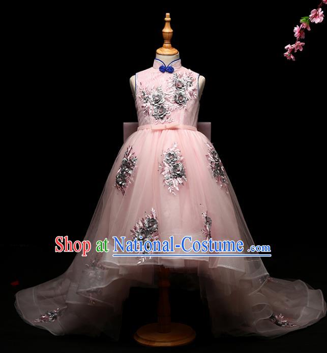 Children Modern Dance Costume Compere Full Dress Stage Performance Chorus Pink Trailing Dress for Kids