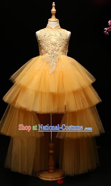 Children Modern Dance Costume Compere Full Dress Stage Performance Chorus Yellow Veil Trailing Dress for Kids