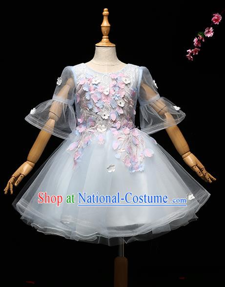 Children Modern Dance Costume Princess Full Dress Stage Performance Chorus Blue Bubble Dress for Kids