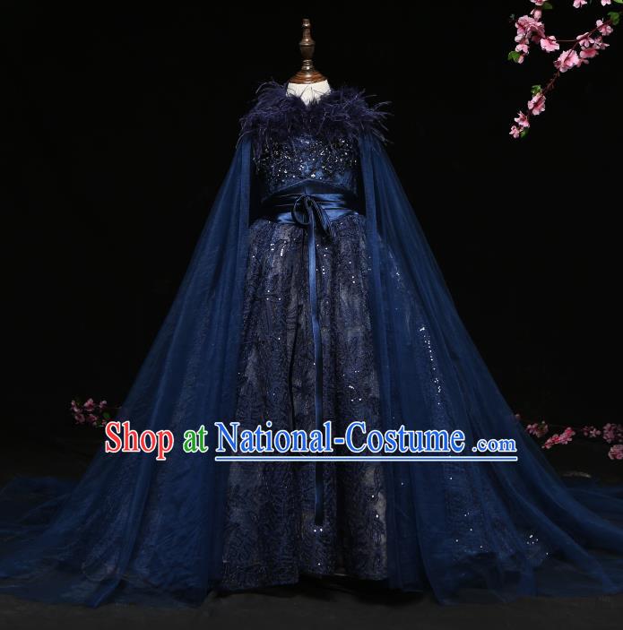 Children Modern Dance Costume Compere Navy Trailing Full Dress Stage Piano Performance Princess Dress for Kids