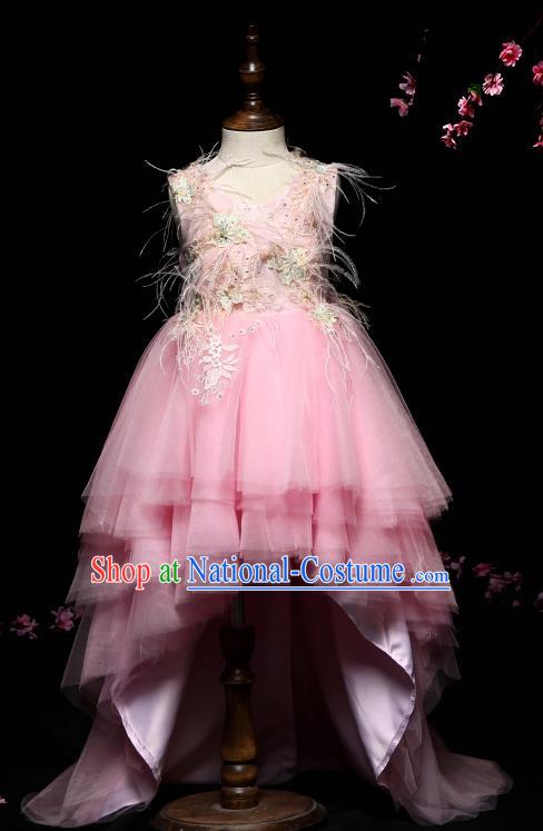 Children Modern Dance Costume Compere Pink Veil Trailing Full Dress Stage Piano Performance Princess Dress for Kids