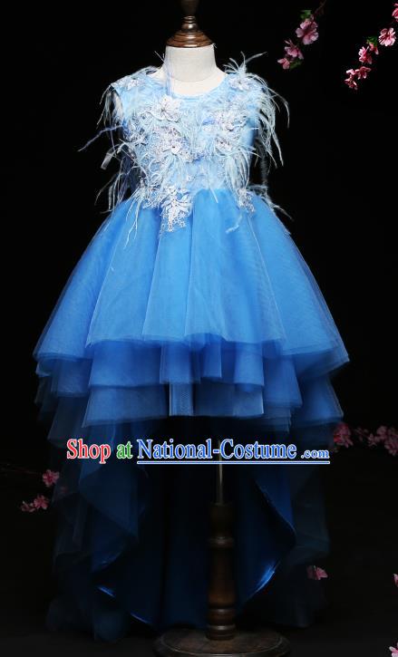 Children Modern Dance Costume Compere Blue Veil Trailing Full Dress Stage Piano Performance Princess Dress for Kids