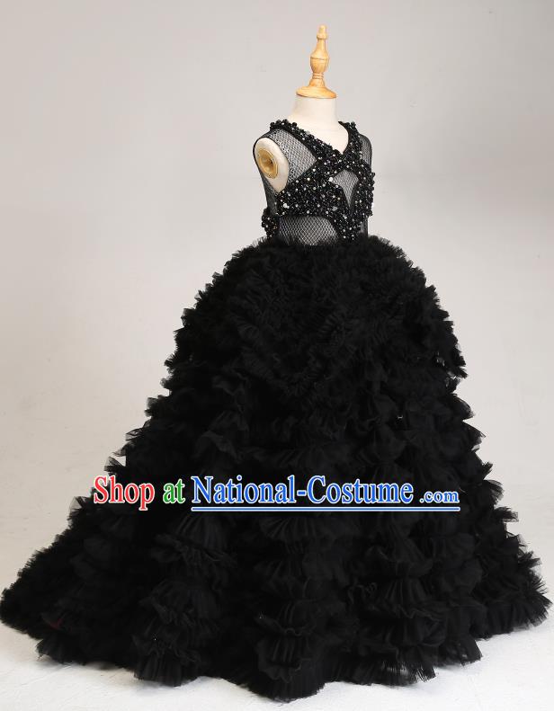 Children Modern Dance Costume Compere Black Trailing Full Dress Stage Piano Performance Princess Dress for Kids