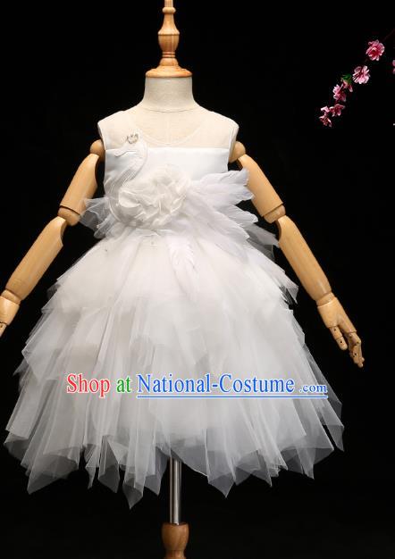 Children Modern Dance Costume Compere White Veil Bubble Full Dress Stage Piano Performance Princess Dress for Kids