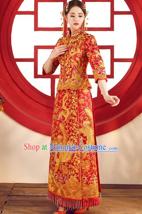 Top Grade Chinese Traditional Wedding Costumes Xiuhe Suits Bride Red Embroidered Phoenix Dress for Women