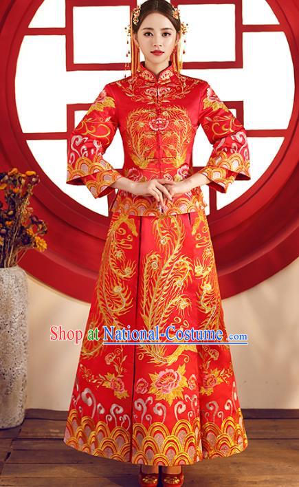 Top Grade Chinese Traditional Wedding Costumes Embroidered Phoenix Red Xiuhe Suits Bride Dress for Women