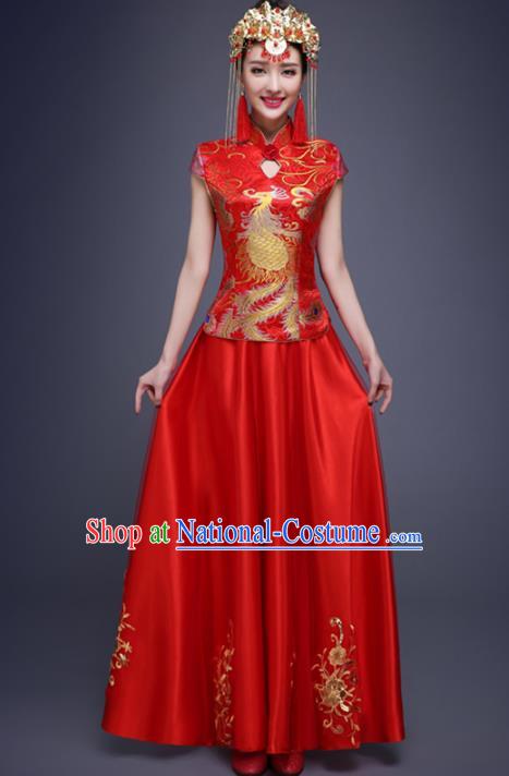 Top Grade Chinese Traditional Wedding Costumes Embroidered Red Lace Xiuhe Suits Bride Dress for Women