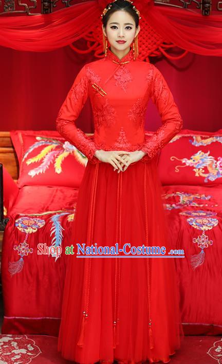 Top Grade Chinese Traditional Wedding Costumes Embroidered Xiuhe Suits Bride Toast Red Dress for Women