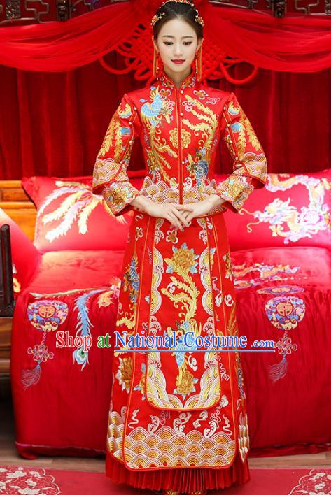 Top Grade Chinese Traditional Wedding Costumes Embroidered Phoenix Xiuhe Suits Bride Toast Red Dress for Women