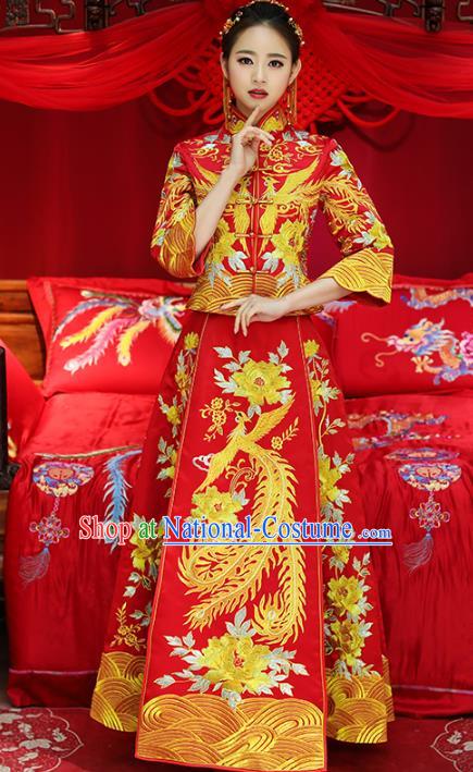 Top Grade Chinese Traditional Wedding Costumes Embroidered Phoenix Peony Xiuhe Suits Bride Toast Red Dress for Women